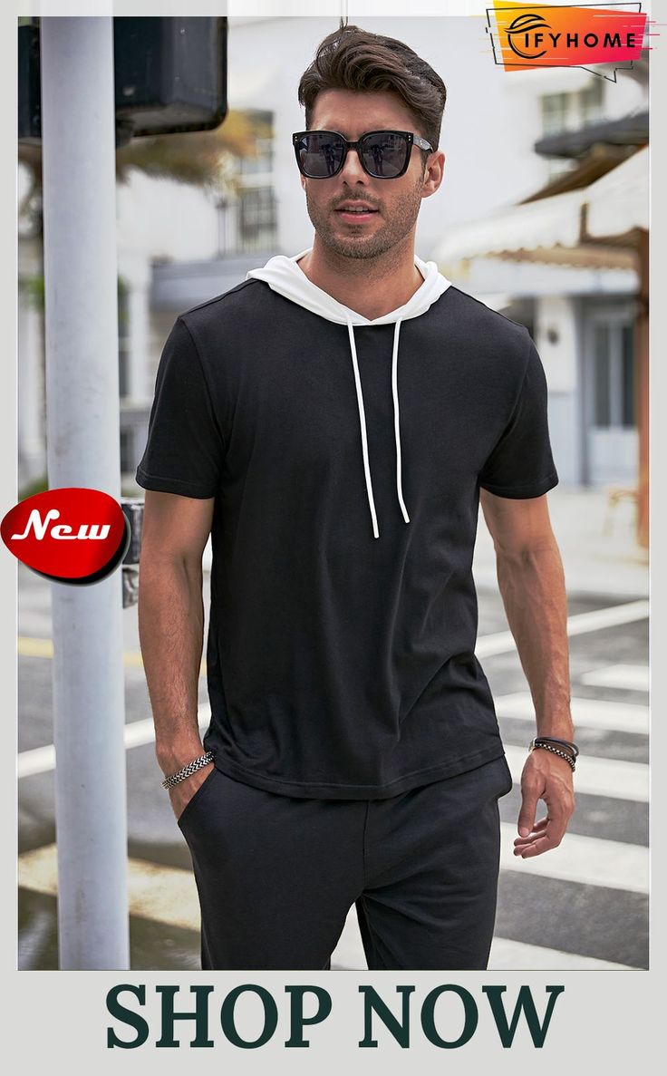 Men's Hooded Short Sleeve T-shirt Black Hooded T-shirt For Sports, Hooded Cotton T-shirt For Sports, Cotton Hooded Sports T-shirt, Cotton Hooded T-shirt For Sports, Casual Hooded Sports T-shirt, Streetwear Short Sleeve Tops With Drawstring Hood, Short Sleeve Tops With Drawstring Hood For Streetwear, Mens Hooded, Ladies Tops Fashion