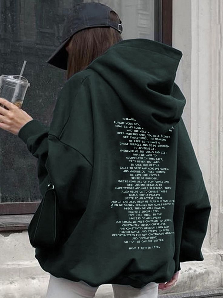 Dark Green Casual Collar Long Sleeve Fabric Slogan Pullovers Embellished Non-Stretch  Women Clothing Effortless Style Fall, Drop Shoulder Hoodie, Navy Blue Hoodie, Chic Fall Outfits, Hoodie Outfit, Oversize Hoodie, Hoodie Design, Casual Outfit, Graphic Hoodies