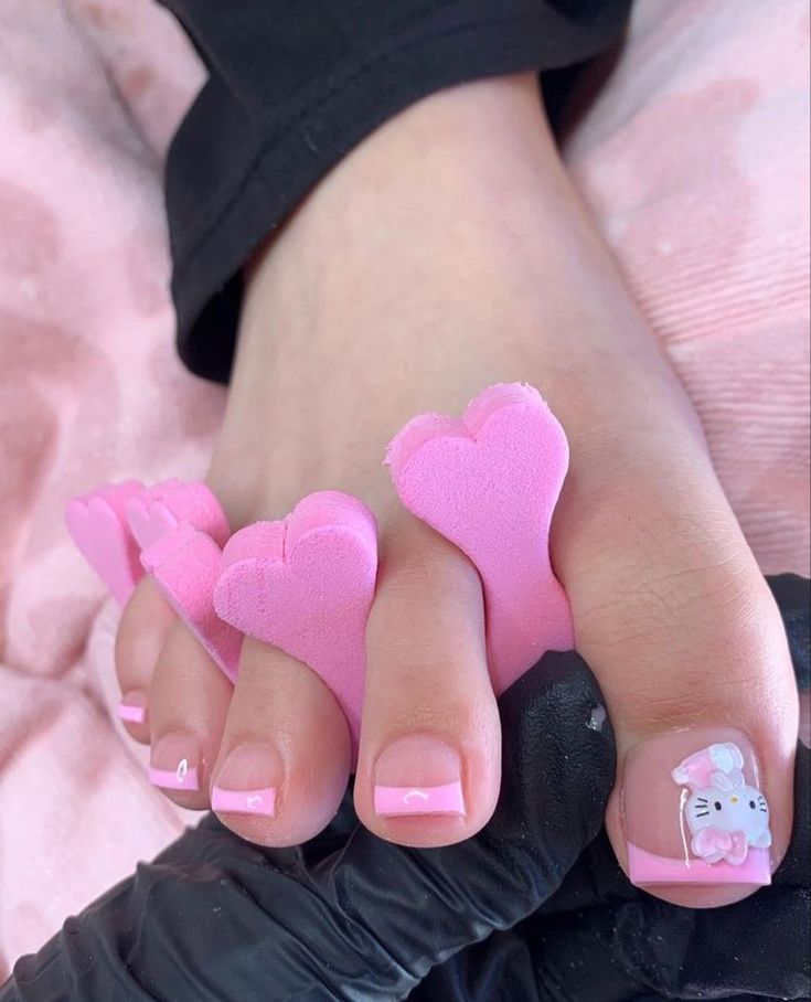 Short Nail Mani And Pedi, Pink Acrylic Toe Nails, Pink Acrylic Toes, Pink French Tip Toes, Cute Acrylic Toes, Pink Toe Nails, Cute Pedicures, Sanrio Aesthetic, Acrylic Toes