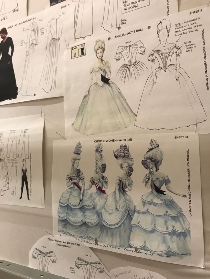 several drawings and sketches of dresses on display