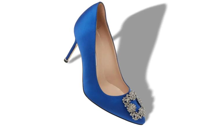 HANGISI 90 | Blue Satin Jewel Buckle Pumps | Manolo Blahnik Formal Rhinestone Heels With Square Toe, Formal Square Toe Heels With Rhinestones, Elegant Evening Heels With Square Toe, Elegant Square Toe Evening Heels, Luxury Satin Heels For Evening, Elegant Silver Heels With Square Toe, Elegant Silver Square Toe Heels, Manolo Blahnik Blue, Blue Satin