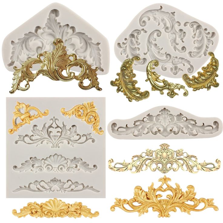 some decorative gold and silver items on a white background