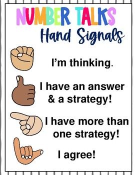 a sign that says, number talks hand signals i'm thinking i have an answer & a strategy i have more than one strategy i agree