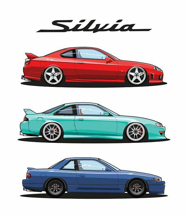 three different colored cars are shown in this drawing