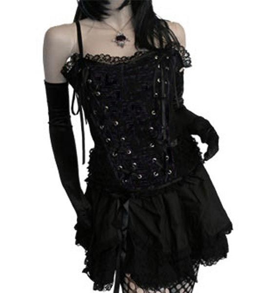 Tabatha Gothic Corset Satin Panel Black Edgy Overbust Corset For Costume Party, Edgy Corset With Corset Back For Costume Party, Black Halloween Corset For Concert, Punk Corset For Alternative Fashion, Edgy Underbust Corset For Costume Party, Black Punk Corset With Straps, Black Punk Style Corset With Straps, Halloween Edgy Sleeveless Corset, Edgy Sleeveless Halloween Corset