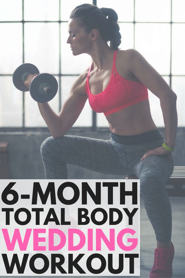 a woman squatting with dumbbells in front of her and the words 6 - month total body wedding workout