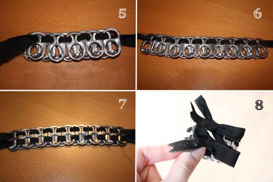 four pictures showing how to make a chain bracelet with ribbon and metal buckles on each side