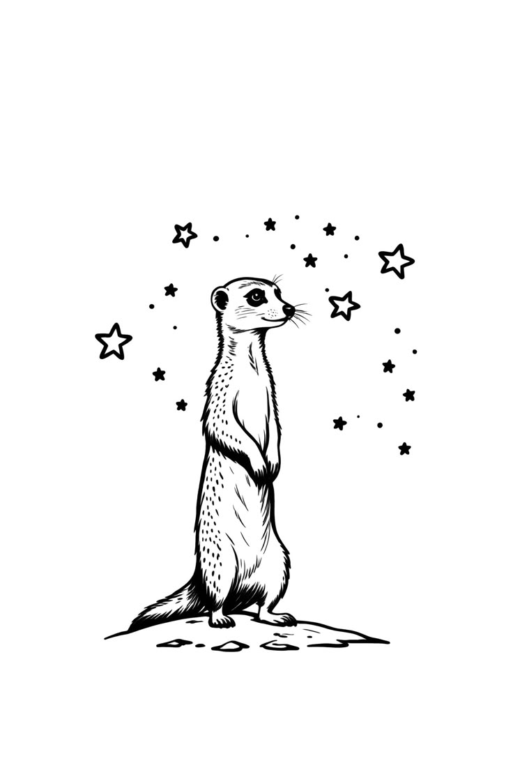 a black and white drawing of a meerkat sitting on the ground with stars