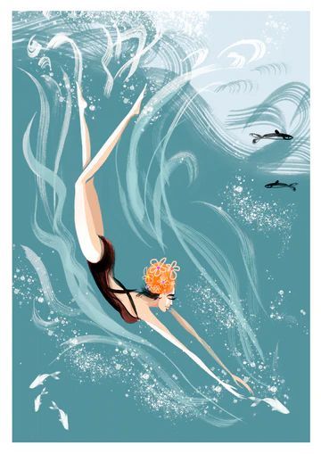 a woman swimming in the ocean with an orange flower on her head and two birds flying around