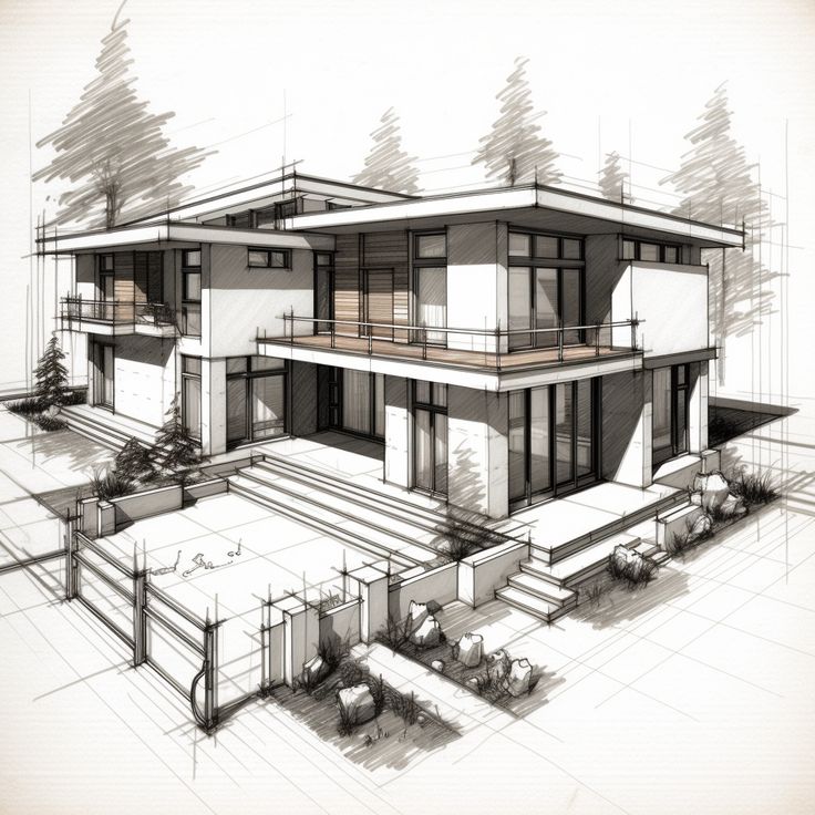 an architectural drawing of a house with trees in the background