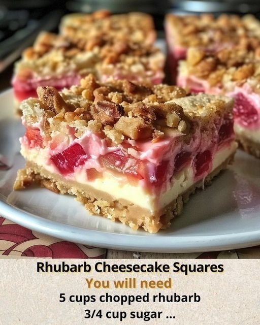 there is a piece of dessert on the plate with words below it that say, rhubarb cheesecake squares you will need 5 cups chopped rhubara