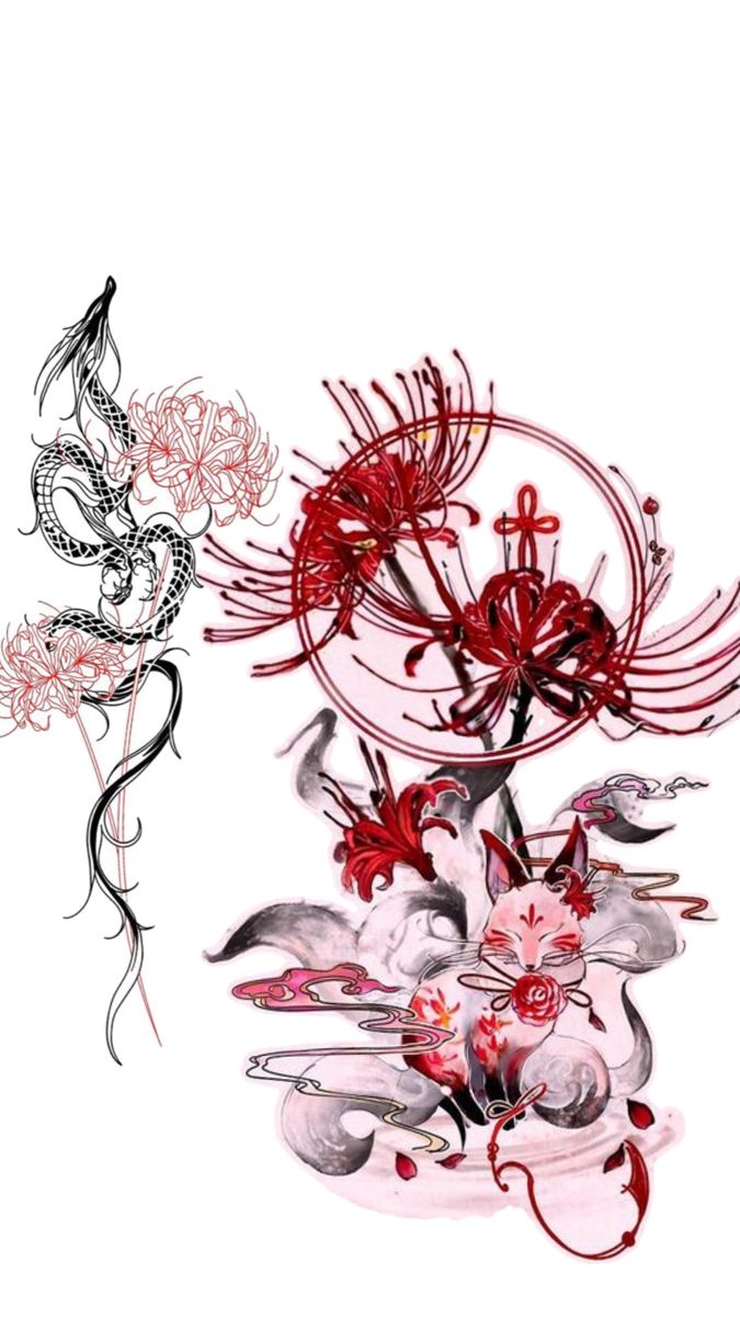 an artistic drawing of flowers and birds on a white background with red accents in the foreground