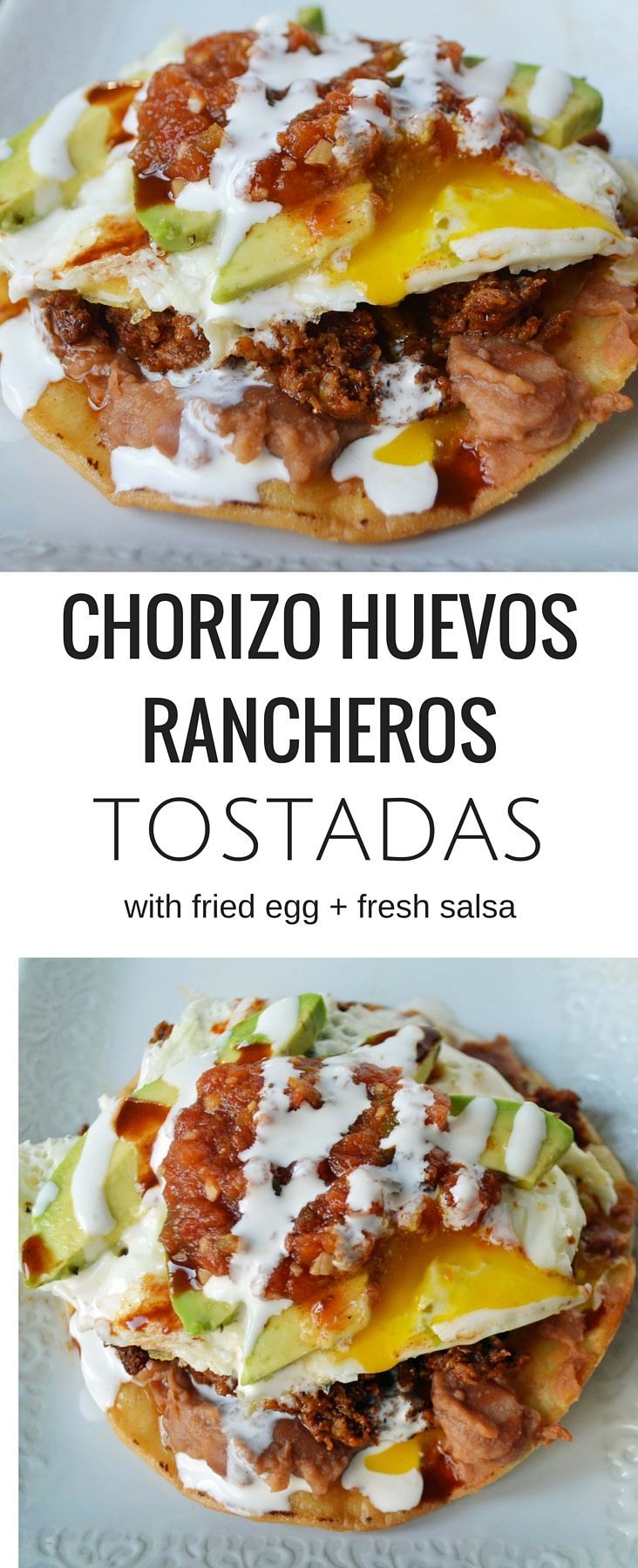 two plates with food on them and the words, chorizo huevoos rancheros tostadas