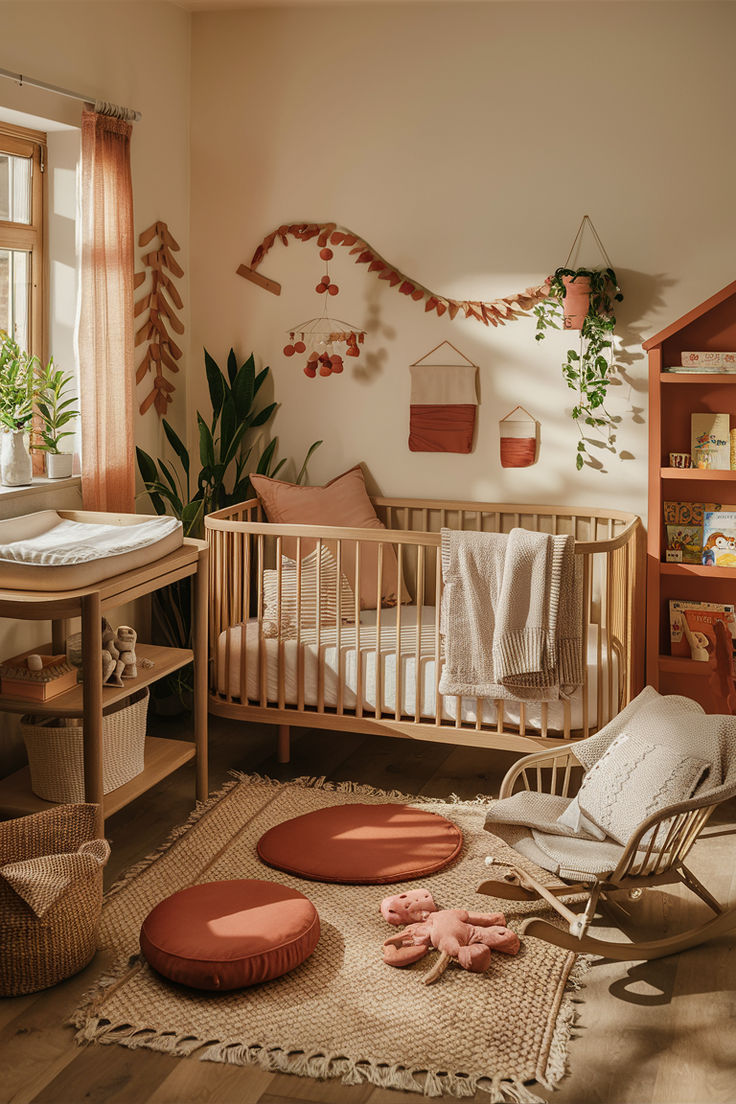 a baby's room with a crib, rocking chair and rug