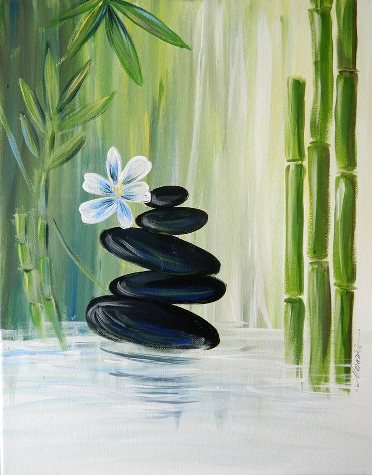 a painting of flowers and rocks in the water