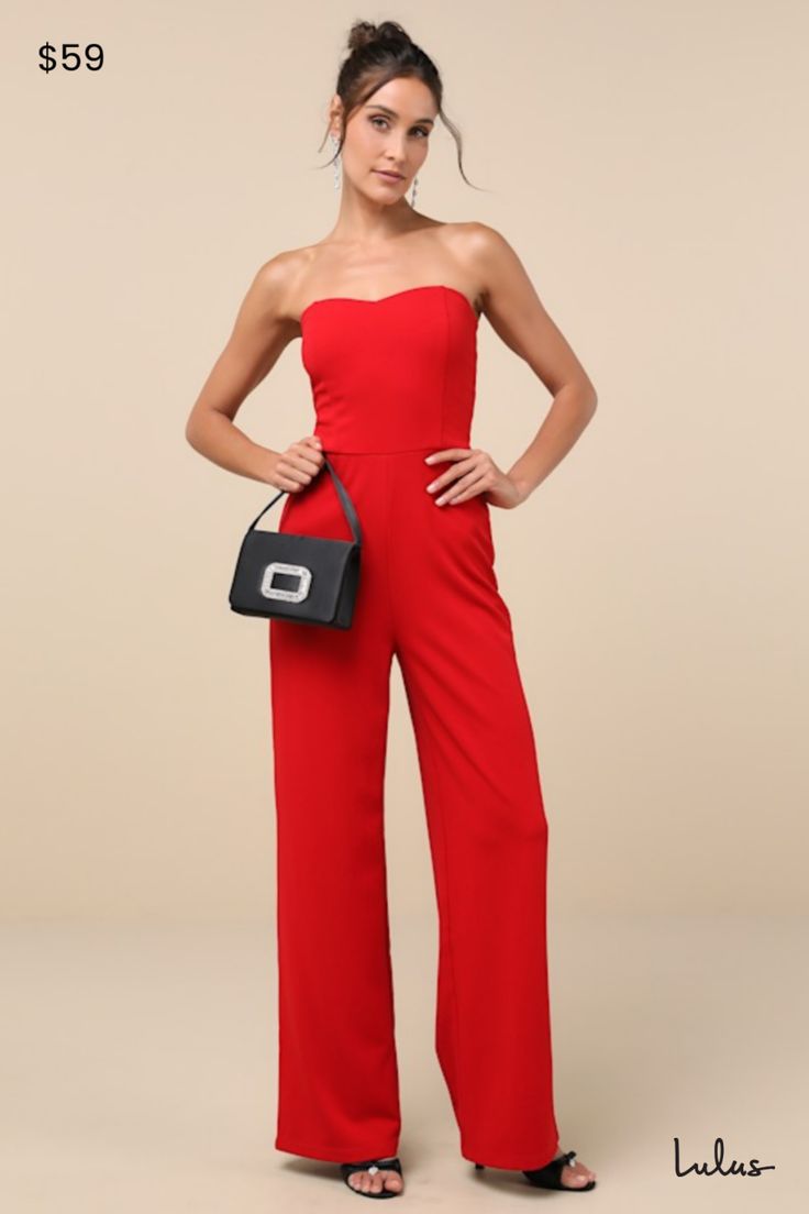 No matter the occasion, the Lulus Edith Red Strapless Jumpsuit is sure to impress! Stretch knit shapes a strapless, princess-seamed bodice with an elasticized back. A high, fitted waist tops relaxed wide leg pants. Hidden back zipper/clasp. Fit: This garment fits true to size. Length: Floor length. Size medium measures 54" from top to bottom. Inseam: 33.00 Front Rise: 13.00 Bust: Works best for A to C cup sizes - consider sizing up for fuller bust. Waist: Fitted - stretchy fabric allows custom f Elegant Strapless High Waist Jumpsuit In Solid Color, Elegant High Waist Strapless Jumpsuit, Elegant Strapless High Waist Jumpsuit, Elegant High-waist Strapless Jumpsuit, Elegant Red Sleeveless Tube Top, Chic Party Tube Top With Straight Neckline, Glamorous Strapless Jumpsuit For Spring Evening, Elegant Stretch Tube Top With Sweetheart Neckline, Glamorous Spring Evening Strapless Jumpsuit