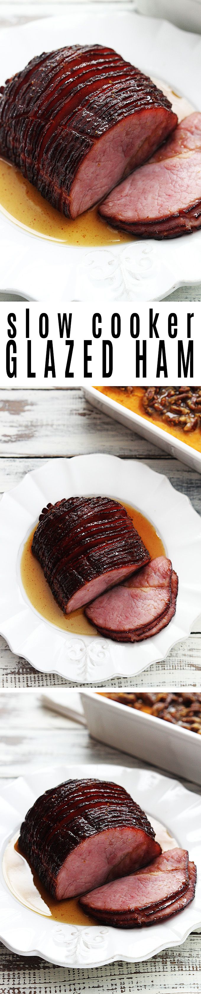 two pictures showing how to cook the glazed ham on a white plate with brown gravy