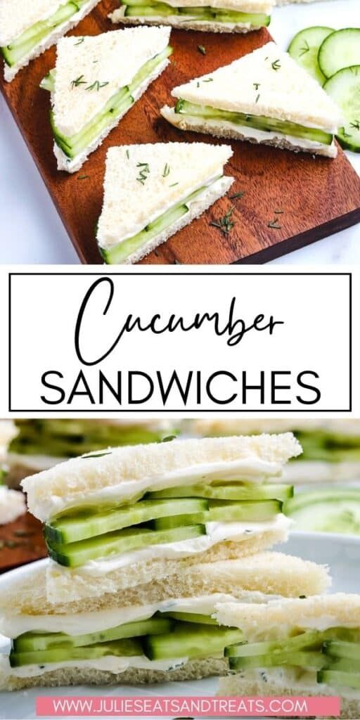 cucumber sandwiches stacked on top of each other with text overlay that reads, cucumber sandwiches