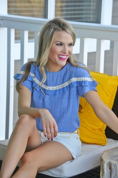 Charming and preppy, this top is perfect for a day in the South! Blue with ivory crochet and just enough ruffle for a sweet,  feminine style! $46.00 Breezy Summer Blouse With Ruffles, Summer Breezy Blouse With Ruffles, Breezy Flowy Spring Top, Breezy Flowy Top For Spring, Breezy Spring Tops For Day Out, Bohemian Ruffle Tops For Brunch, Bohemian Ruffled Tops For Day Out, Bohemian Ruffle Tops For Day Out, Breezy Cotton Tops With Ruffles