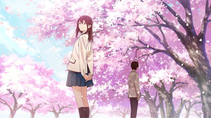 an anime scene with two people standing in front of pink trees and one person looking up at the sky