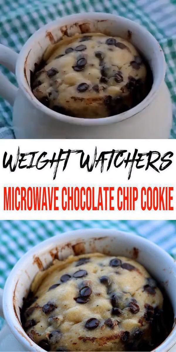 microwave chocolate chip cookie in a white dish with the words weight watchers above it