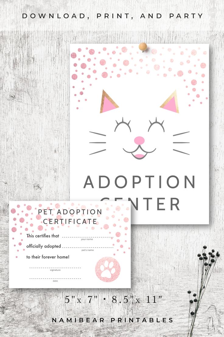 a pink and white cat birthday party card with the words adoption center on it