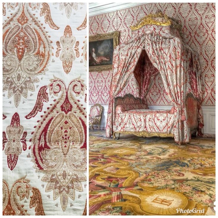 an ornate bedroom with red and gold decor