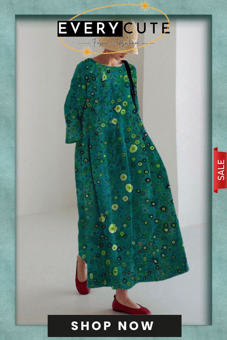 Women's Loose Printed Dress Green Long Sleeve Shift Midi Dress, Green Printed A-line Maxi Dress, Green Printed A-line Midi Dress, Green Shift Dress For Fall, Green Printed Long Dress, Printed Green Midi Dress For Fall, Green Printed Fall Dresses, Green Printed Dresses For Fall, Green Shift Maxi Dress