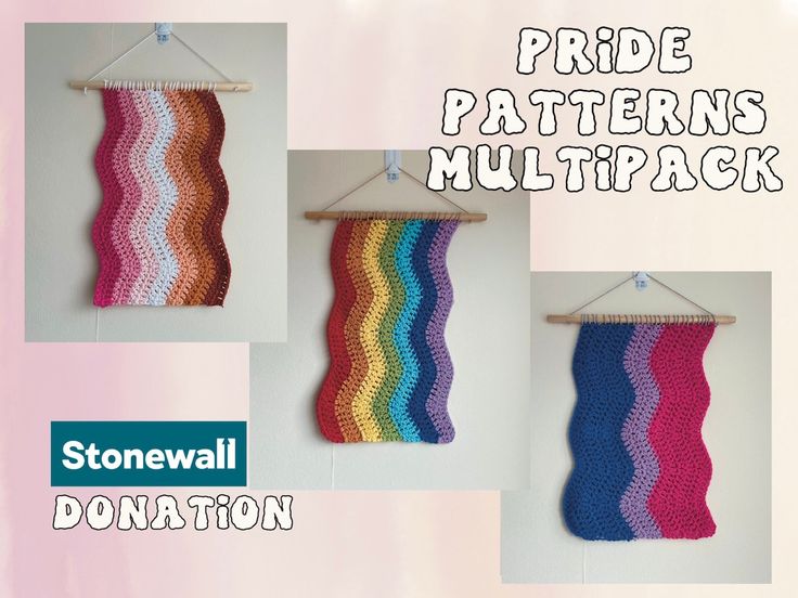 three pictures of rainbow colored crocheted wall hangings with text reading pride patterns multipack