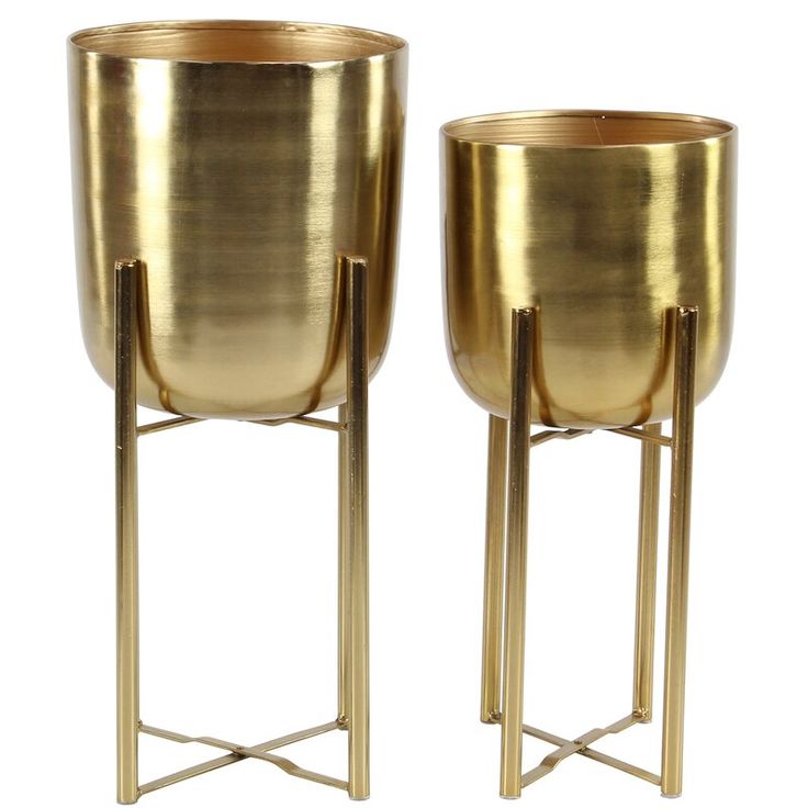 two brass planters are shown side by side with measurements for the size and height