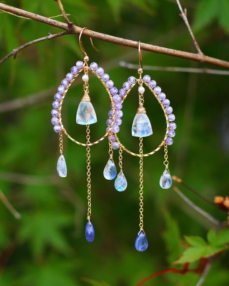 Handmade Dainty Rainbow Moonstone Tanzanite Hoop Drop Earrings | Etsy Handmade Everyday Drop Jewelry, Everyday Handmade Drop Jewelry, Unique Teardrop Hoop Earrings For Everyday, Handmade Briolette Earrings For Anniversary, Artisan Teardrop Hoop Earrings Gift, Handmade Teardrop Hoop Earrings Perfect As A Gift, Handmade Teardrop Hoop Earrings For Gifts, Handmade Oval Hoop Earrings For Gift, Dainty Briolette Earrings Handmade