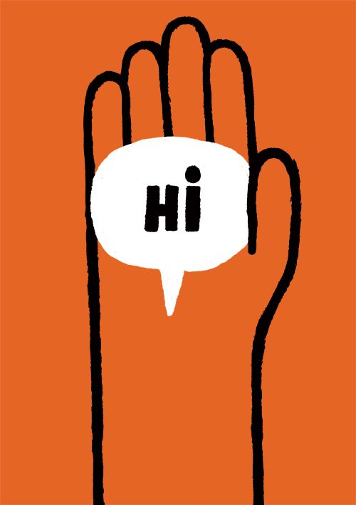 a hand with a speech bubble above it that says hi on an orange and black background