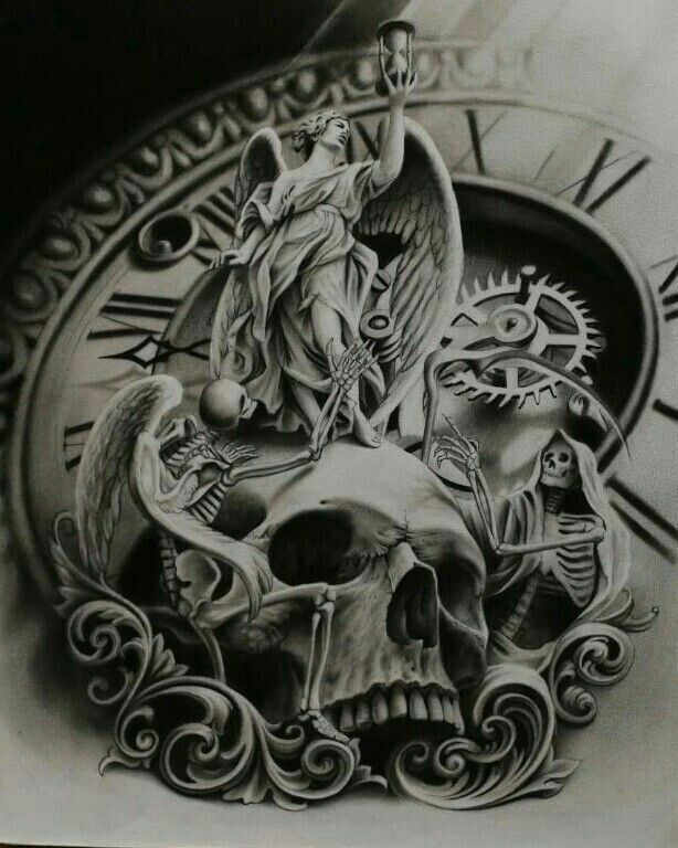 a black and white photo of a clock with an image of a skull on it