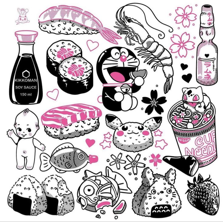 an assortment of sushi and other food items in black and pink on a white background