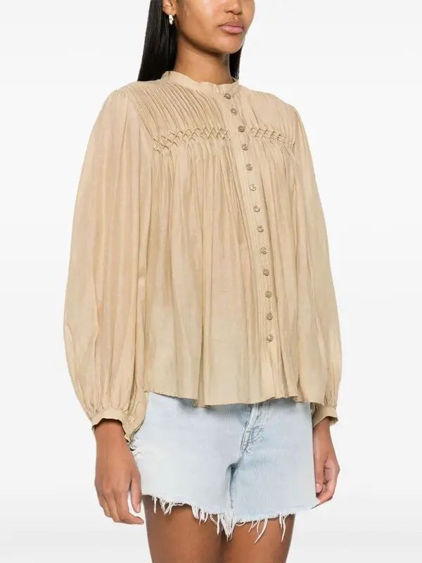 MARANT ÉTOILE Dorothe Pleated Shirt - Neutrals | Editorialist Designer Long Sleeve Beige Tops, Designer Beige Long Sleeve Tops, Chic Pintucks Blouse For Fall, Neutral Blouse For Fall Daywear, Neutral Fall Blouse For Daywear, Neutral Fall Daywear Blouse, Designer Long Sleeve Cream Tops, Pintucks Long Sleeve Tops In Relaxed Fit, Designer Beige Tops For Spring