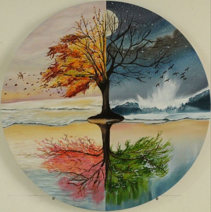 a painting of a tree on a plate with water and birds flying around it in the sky