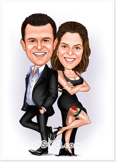 a caricature of a man and woman dressed in black