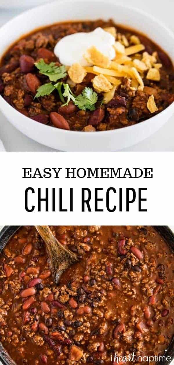 easy homemade chili recipe in a white bowl with text overlay that reads easy homemade chili recipe