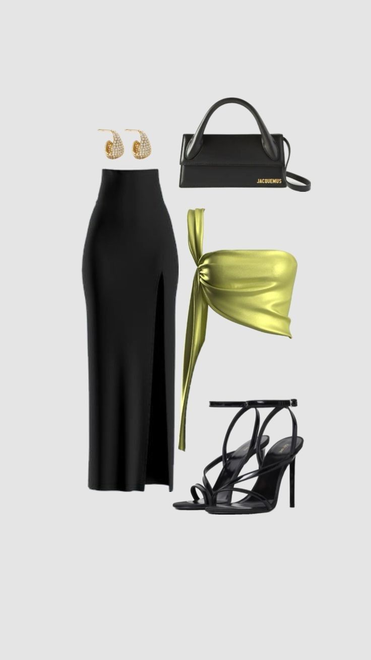 a woman's outfit with high heel shoes and a handbag on the side