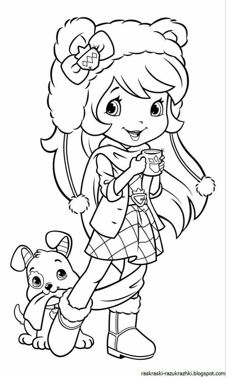 a coloring page with a girl holding a cup and two small dogs in front of her