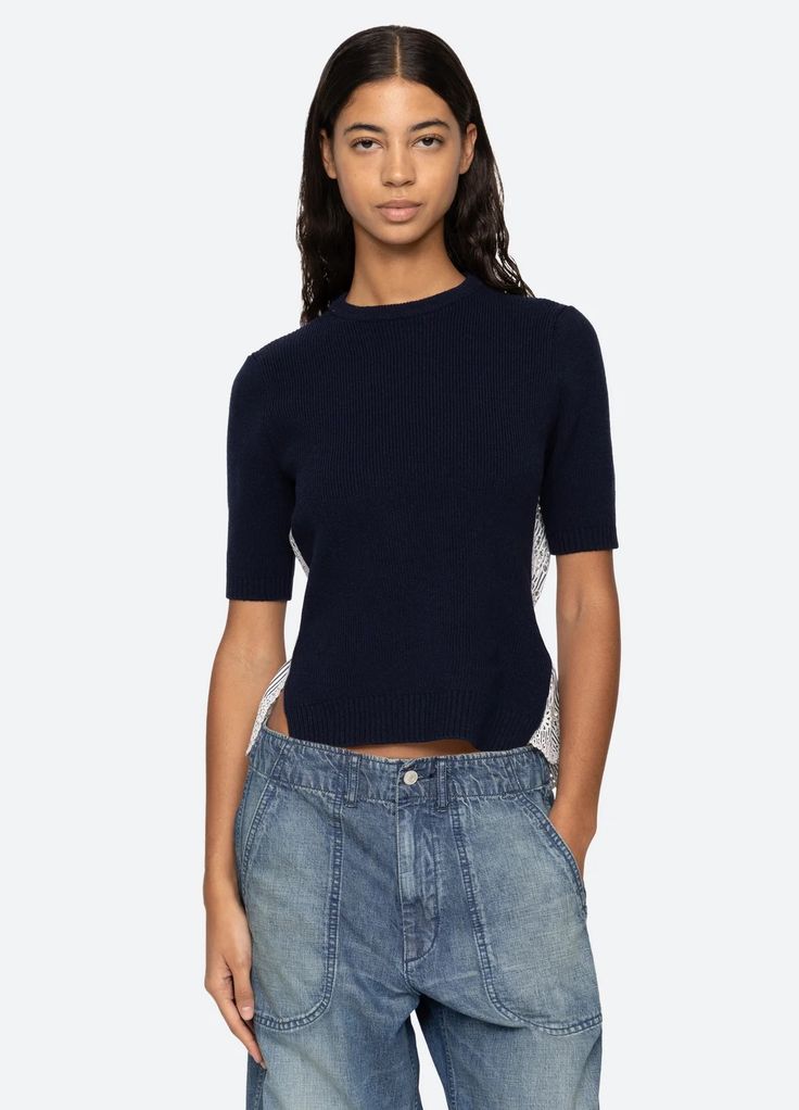 Lennon Top – Sea, New York Crew Neck Pointelle Knit Top For Layering, Fall Short Sleeve Pointelle Knit Tops, Fall Pointelle Knit Short Sleeve Tops, Fine Knit Stretch Cashmere Top, Stretch Fine Knit Cashmere Top, Cotton Pointelle Knit Top For Office, Cotton Pointelle Knit Top For Work, Stretch Cashmere Fine Knit Tops, Open Knit Top For Work