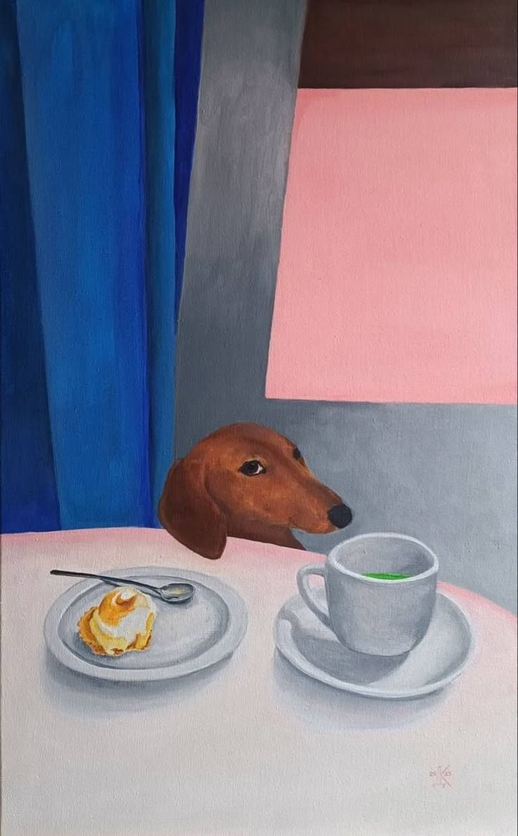 a painting of a dog sitting at a table next to a cup and saucer