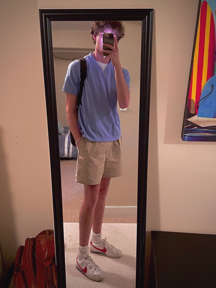 Guys Clothes Aesthetic Summer, Florida Guy Outfits, Granola Summer Outfits Men, White Boy Summer Outfits, Basic Guy Outfits Summer, Guys Beach Outfit Aesthetic, Nike Cortez Outfit Men Street Style, Guys Fits Shorts, Summer Boy Outfits