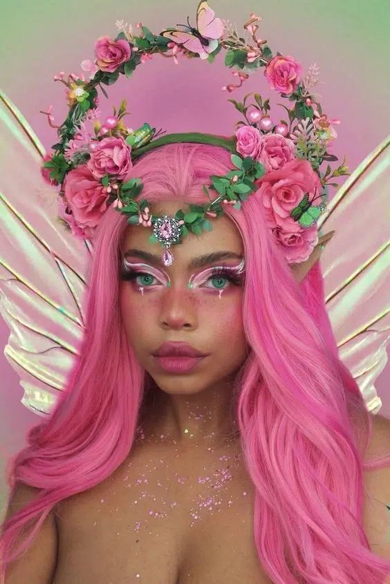 33 Absolutely Magical Fairy Makeup Ideas To Recreate At Home Garden Fairy Costume, Spring Goddess, Fairy Headpiece, Drag Make-up, Pink Flower Crown, Fairy Cosplay, Flower Costume, Magical Makeup, Pink Fairy