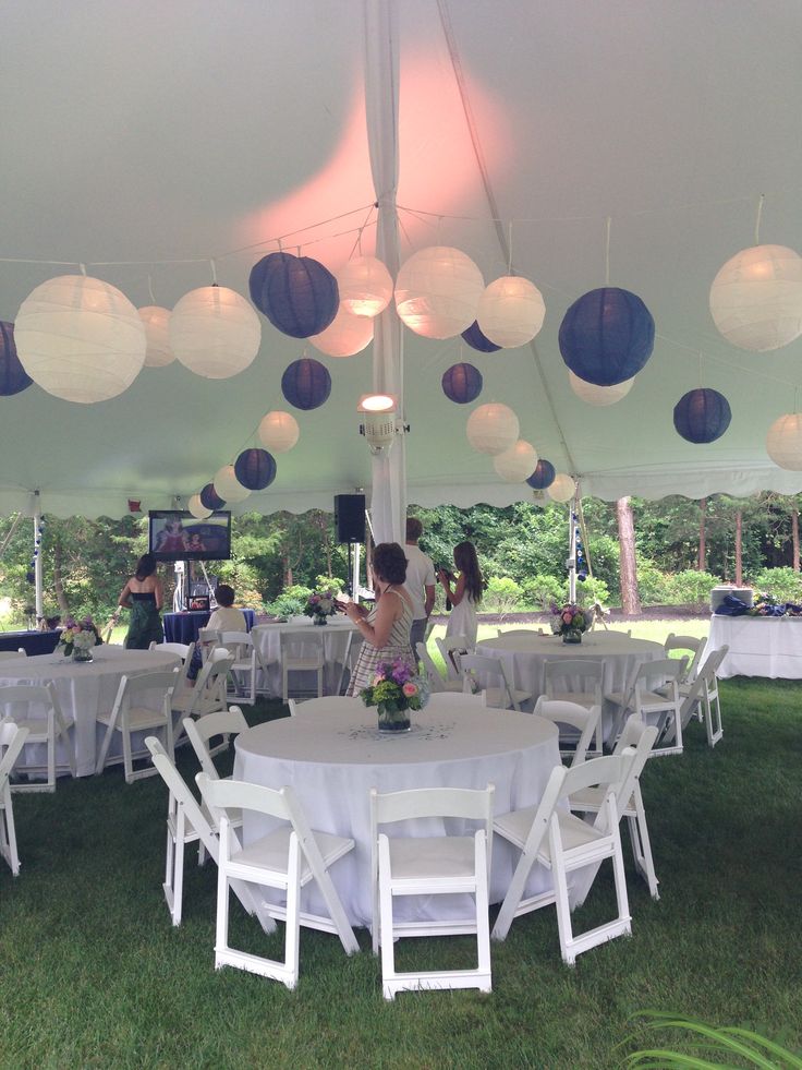 a group of people sitting around a table under a tent with paper lanterns hanging from the ceiling