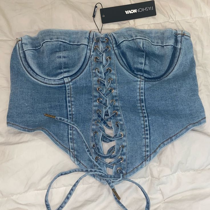 Denim Corset Color: Mediumwash Size: Medium High Waist Blue Denim Top, High Waist Light Wash Denim Top, Trendy Blue Denim Top, High Waist Blue Denim Cotton Top, Blue High-waist Cotton Denim Top, Blue Denim Top, Denim Corset, Fashion Nova Tops, Fashion Nova