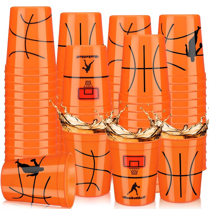 six orange cups with basketball designs on them