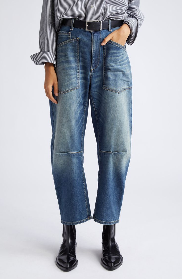 Nili Lotan Shon Barrel Jeans | Nordstrom Fall Light Wash Utility Jeans, Utility Washed Jeans For Fall, Denim Jeans With Side Pockets For Fall, Light Wash Utility Cargo Jeans For Fall, Relaxed Fit Cropped Cargo Jeans For Everyday, Relaxed Fit Washed Cargo Jeans With Tapered Leg, Denim Blue Straight Leg Cropped Jeans With Patch Pockets, Dark Wash Tapered Leg Jeans With Cargo Pockets, Utility Style Faded Jeans