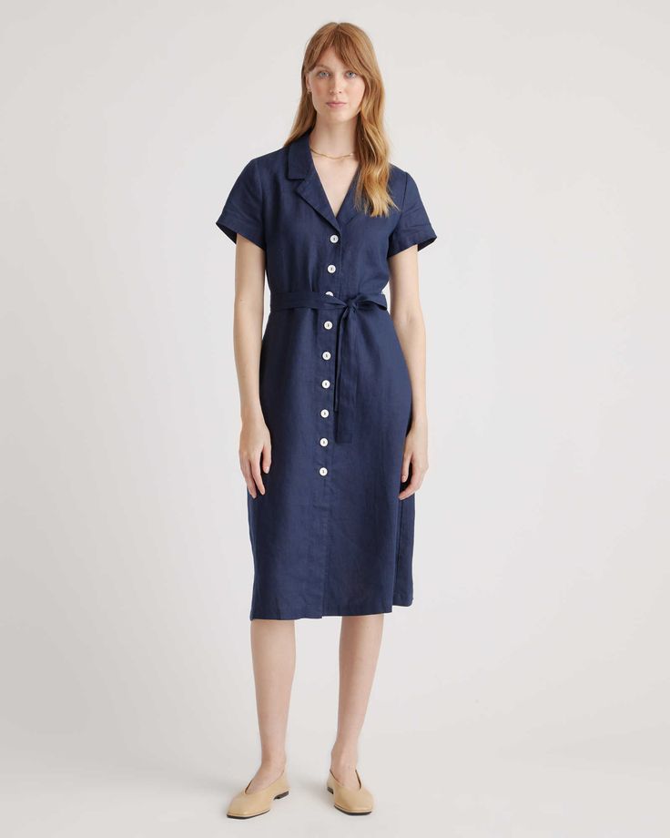 Midi Linen Dress, Summer Day Dresses, Navy Blue Midi Dress, Button Front Dress, Wide Leg Linen Pants, European Linens, Maxi Tank Dress, Capped Sleeve Dress, Classic Dress