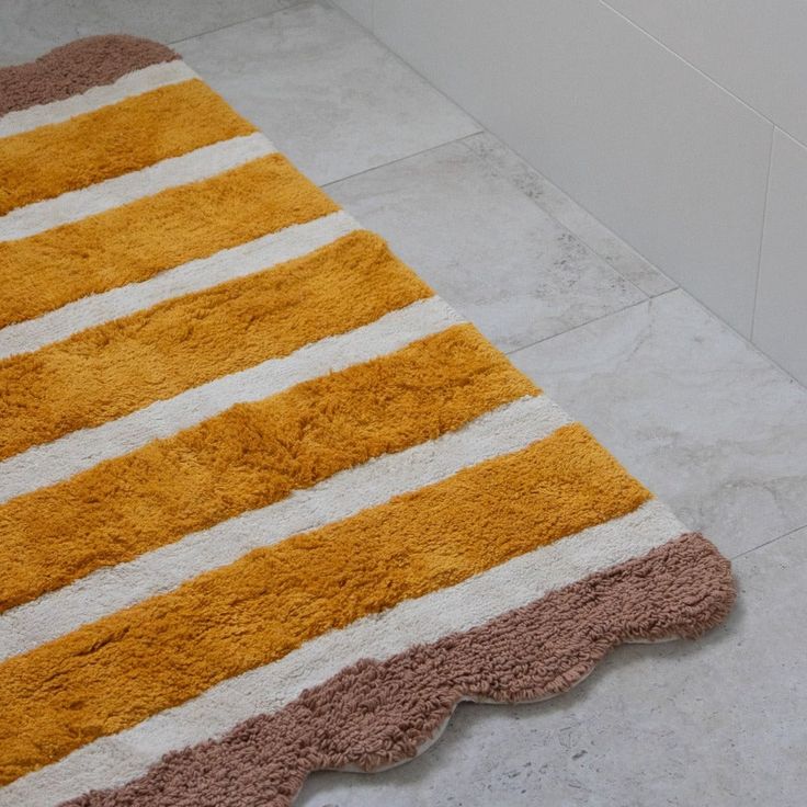 Sunshine Stripe Scalloped Bath Mat Fun Bathrooms, Three Colours Blue, Colorful Bath Mat, Vibrant Bathroom, Bath Mat Runner, Green Bath Mat, Bathroom Runner, Bath Runner, Pink And Mustard